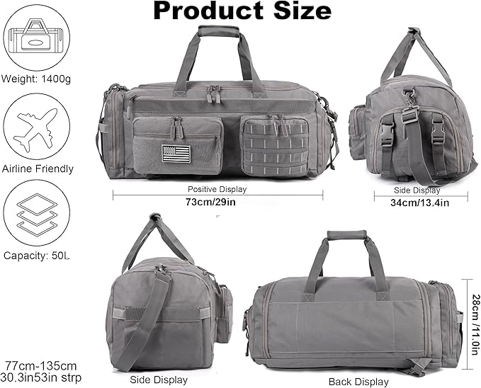 LHI 50L Tactical Duffle Bag for Men 3-in-1 Gym Duffle and Backpack Shoe Compartment Laptop Sleeve and MOLLE Carry-On Travel Weekender and Overnight Bag – Gray