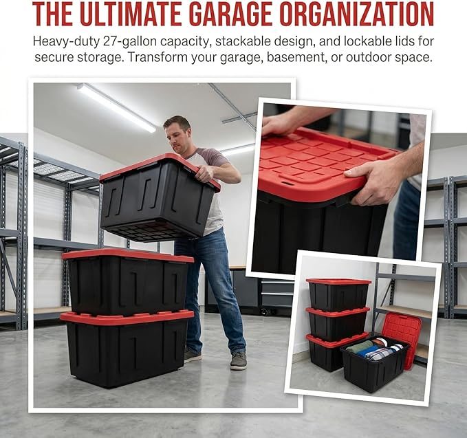 4Pcs 27-gallon Plastic Storage Box Sturdy and Durable with A Lockable Lid Suitable for Outdoor Garage Basement and Indoor Item Organization Stackable Storage Box Black Base and Red Lid
