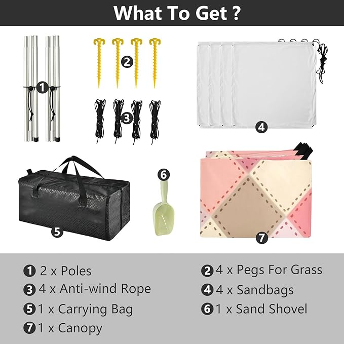 xigua Plaid Beach Tent Sun Shelter with Carrying Bag - Silver Coated Oxford Fabric Beach Canopy for Beach Camping Fishing - Includes Windproof Ropes Sandbags &amp Stakes