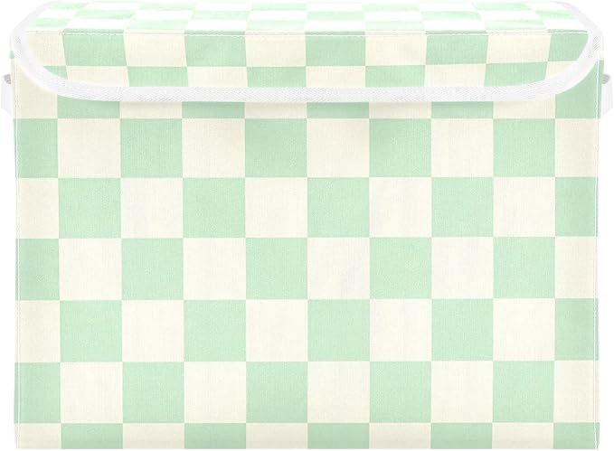 White Green Check Square Storage Box with Lid 1 PC Foldable Storage Bin with Lids Stackable Storage Bins Cube Closet Organizer Basket with Flip-Top Lid &amp Handles for Shoes Books Towels
