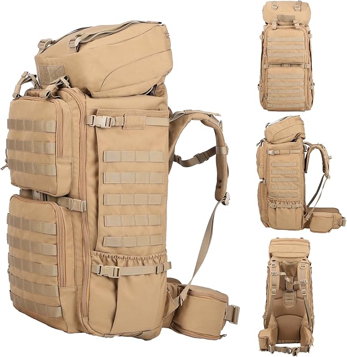 Zsearaymy 75L Hiking MOLLE Backpack with Internal Frame &amp Rain Cover for Tactical Camping Backpacking Survival Travel (TAN)