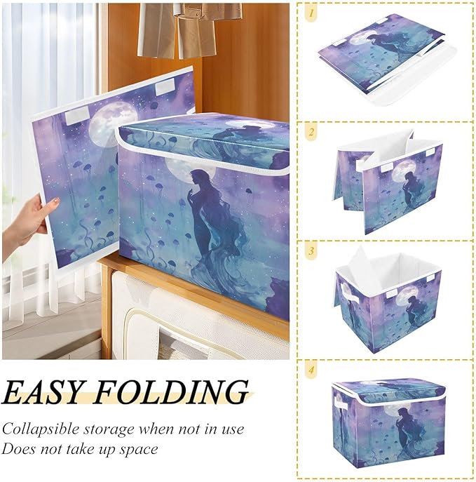 MNSRUU Containers Baskets with Lids Jellyfish Mermaid Moon Fabric Foldable Storage Bins Organizer with Lid Collapsible Storage Boxes for Home Bedroom Closet Office