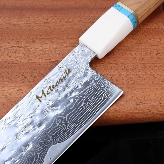 Meteorite Nakiri Japanese Vegetable Knife For Precision Veggie Prep Hand-Hammered Starry Damascus Convex Grind Edge Olive Wood Handle – Gourmet Gift IceRaven 7 Inch