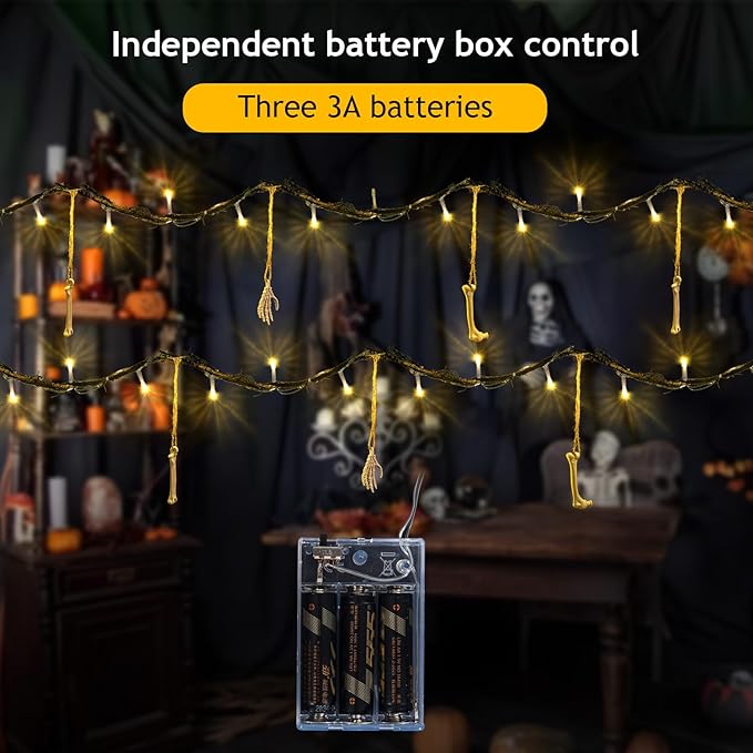 Halloween Indoor Outdoor 6FT Lights Decor 26LED Hanging Skeleton Skull Bones String Lights Battery Operated Spooky Halloween Wreath Door Patio Party Decoration