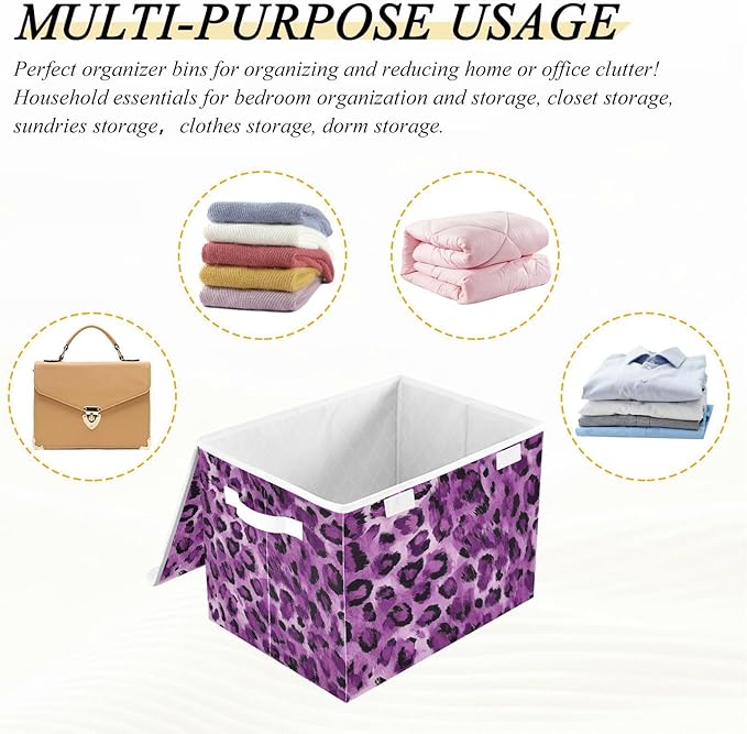 Collapsible Storage Bins with Lids Decorative Fabric Storage Cubes Closet Organizer and Storage Basket Boxes Containers for Clothes Box Chest Nursery Folding Rectangle Purple Leopard Print
