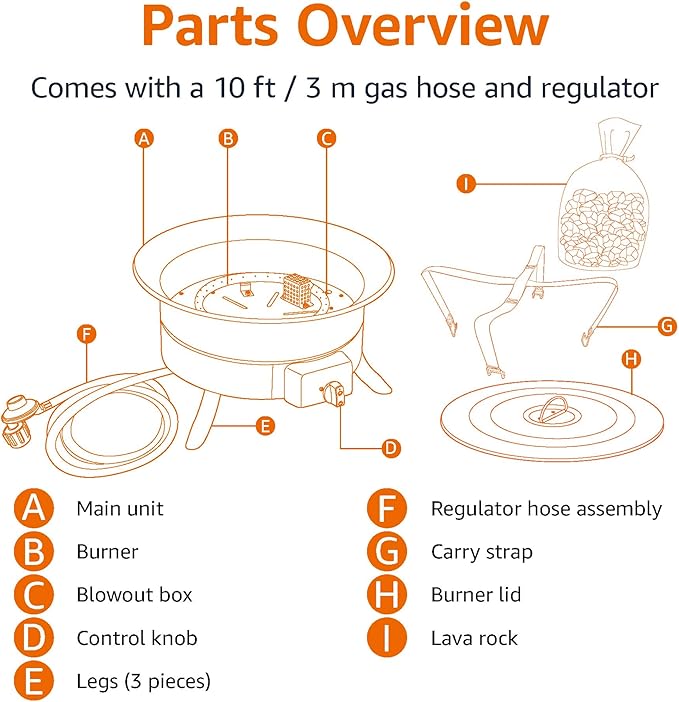 Amazon Basics Portable Propane Fire Pit 19 inch Round Gas for Patio 55000 BTU Carry Strap Heat Warmth and Ambience