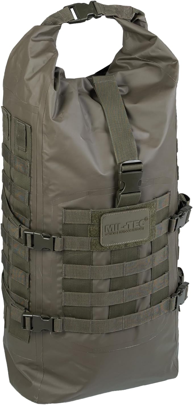 Mil-Tec Unisex 30L Tactical Seals Dry Bag - Secure Rugged Durable Waterproof Outdoor Kayaking Boating Camping Hiking MOLLE Backpack with Adjustable Wide Shoulder Straps &amp Padded Back Olive Drab