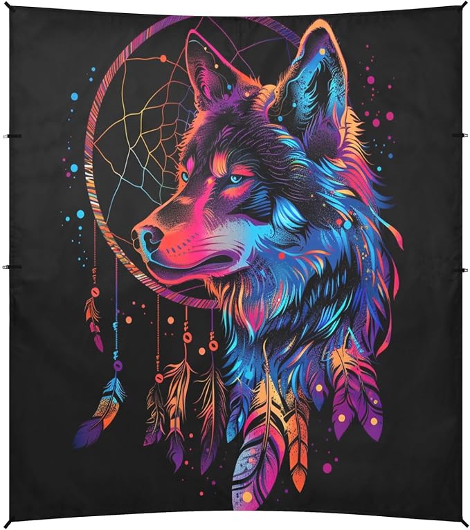 ALAZA Dreamcatcher Wolf Rainbow Color Beach Tent Sun Shelter UPF50+ Protection Beach Shade Canopy w/ 4 Sandbags for Outdoor Camping Fishing Backyard Fun Picnic 10x9 ft
