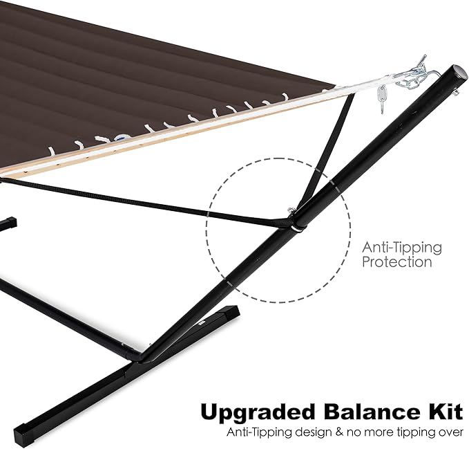 GAFETE 2 Person Hammock with Stand for Outside Heavy Duty Steel Stand Double 55inch Hammocks Large Removable Pillow Storage Bags Max 475 lbs Capacity (Brown)