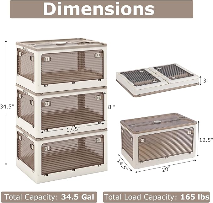 GOFLAME 3-Pack Storage Bins with Lids 46QT Stackable &amp Collapsible Plastic Storage Boxes with Wheels Foldable Closet Organizers with 5 Opening Ways