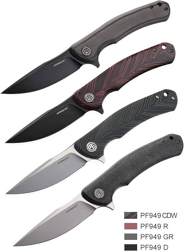 Petrified fish K110 Steel 949 Folding Knife G10 Handle Ceramic Ball bearings Camping Hunting Knives EDC tool (Black Stonewashed withCarbon fiber)