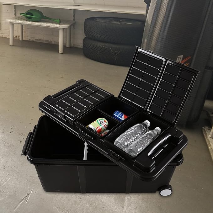 20 gallon Large Storage Bin with Removable Compartment Industrial Container with Wheels 2 Packs