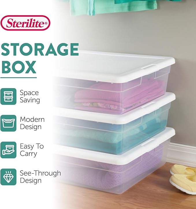 Sterilite 30-Pack Storage Box Stackable Clear Plastic Bins with Snap-On Lids 28 Quart