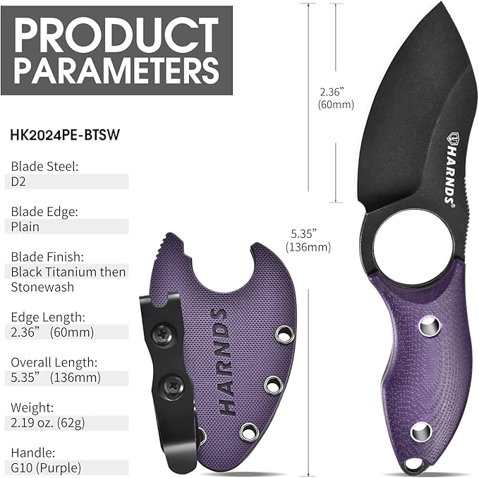 Harnds Small Fixed Blade Knife Full Tang EDC Camping with Sheath Lanyard and Clip Blade Length 2.172.5 oz.with Sheath