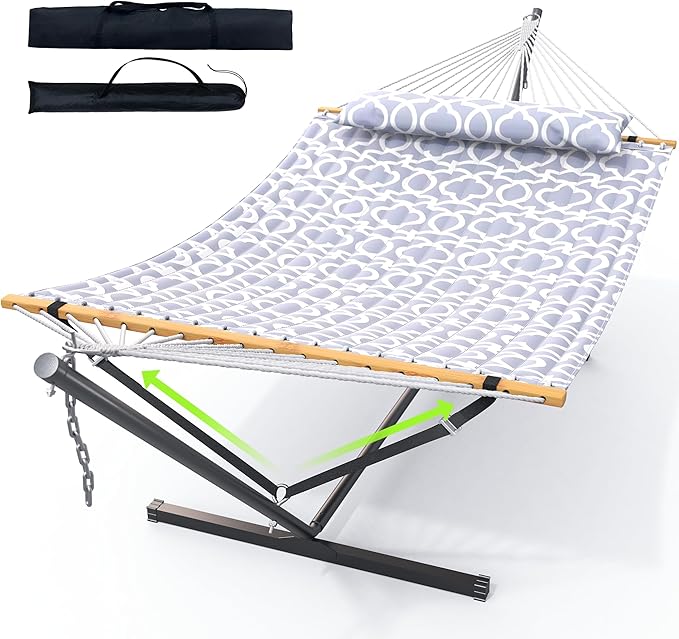 ANAGOO Double Hammock with Stand Heavy Duty Outdoor Hammock for Two 500 LBS Capacity Stable Steel Frame with Balance Strap Easy Tool-Free Assembly for Patio Garden Backyard &amp BeachRound Gra