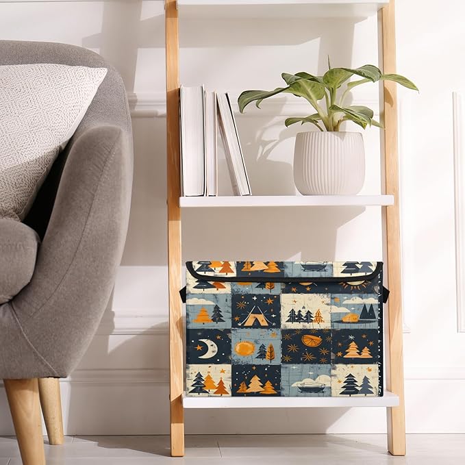 Rustic Trees Storage Basket with Lid Sun Moon Foldable Storage Box Fabric Storage Bins with Carrying Handles for Home Bedroom Closet Organization