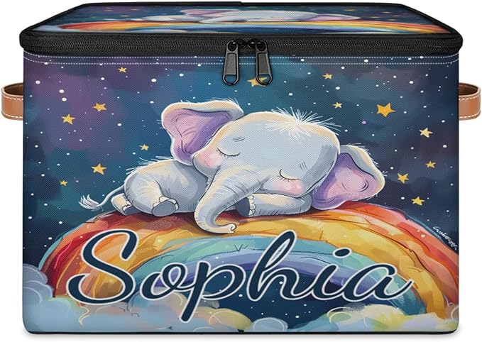 Custom Storage Basket with Name Personalized Storage Bins with Zipper Lid Foldable Fabric Storage Box Large capacity with Handle Elephant Rainbow