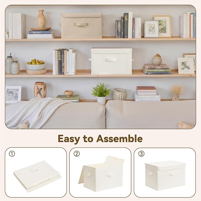 GRANNY SAYS Stoarge Basket with Lid Decorative Storage Boxes Closet Storage Bins for Clothes Collapsible Stackable Organization Ivory White&ampKhaki 2-Pack