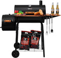 Royal Gourmet CC1624W Barrel Charcoal Grill with Offset Smoker 552 Sq. In. Cooking Area Wooden Front and Side Shelf with Hooks Mesh Bottom Shelf Charcoal Grill for Outdoor Grilling Black
