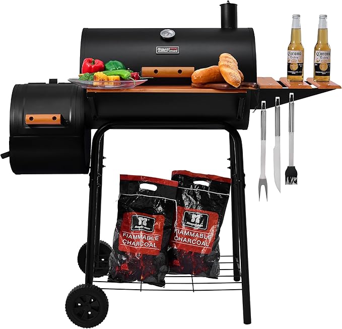 Royal Gourmet CC1624W Barrel Charcoal Grill with Offset Smoker 552 Sq. In. Cooking Area Wooden Front and Side Shelf with Hooks Mesh Bottom Shelf Charcoal Grill for Outdoor Grilling Black