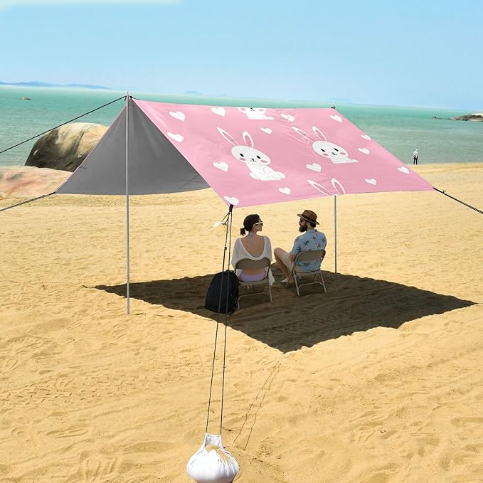 Beach Canopy with Windproof Ropes &amp Sandbags Beach Tent Sun Shade Sun Shelter for Camping Trips Fishing Backyard Fun or Picnics Rabbit