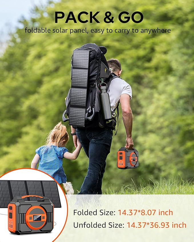Apowking Portable Solar Powered Generator 300W Rated with Solar Panels 40W Included 220Wh Power Bank with AC Outlet 110V and 10*DC Connectors Pure Sine Wave for Home Use Camping Outdoor