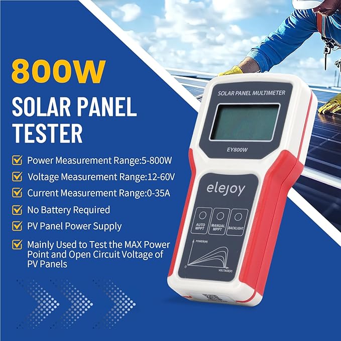 800W Solar Panel Tester Digital PV Multimeter with Smart MPPT Tracer 12-60V Voc 0-35A Isc Battery-Free with LCD Display MC4 &amp Alligator Clips EVA Case for Solar Power Test