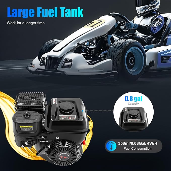 7.5HP 4-Stroke Engine 210CC Go Kart Engine 25° Inclined Single Cylinder 3600 RPM Horizontal Shaft Gas Engine 0.78 Inch Shaft Diameter with Float Carburetor 12.32 x 14.25 x 12.99 Inch