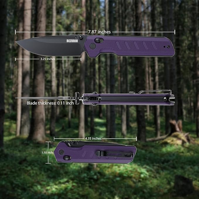 UBIN Folding Pocket Knife 3.25 VG10 Blade EDC Folding Knife with Safety Axis Lock Purple G10 Handle Hunting Camping Knife with Thumb Stud Opener