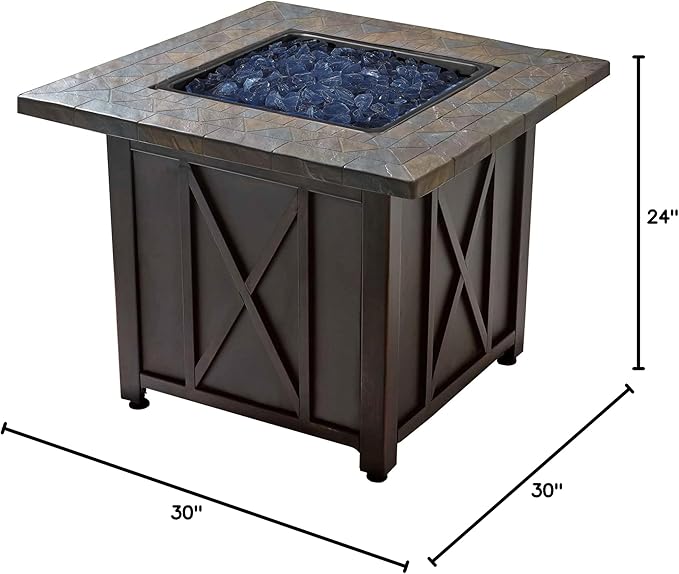 Endless Summer 30 Inch Square 30000 BTU Liquid Propane Gas Outdoor Fire Pit Table w/Push Button Ignition Blue Fire Glass &amp Steel Fire Bowl Bronze