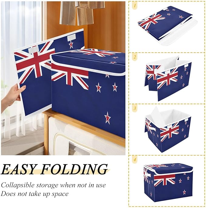 New Zealand Flag Zealander Kiwi National Blue Storage Bins with Lid Foldable Clothes Organizer Storage for Clothes for