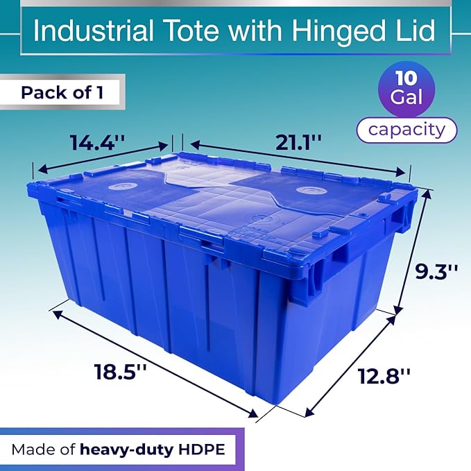 IDL Packaging 10-Gallon Industrial Plastic Tote with Hinged Lids Blue Pack of 1 - Heavy-Duty Large 22L x 15W x 9 H Container for Warehouses Garages and Home Storage