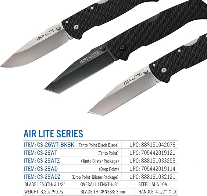 Cold Steel Air Lite 3.5 AUS10A Tanto Point Blade 4.5 G-10 Handle Everyday Carry Compact Pocket Folding Knife w/Tri-Ad Lock