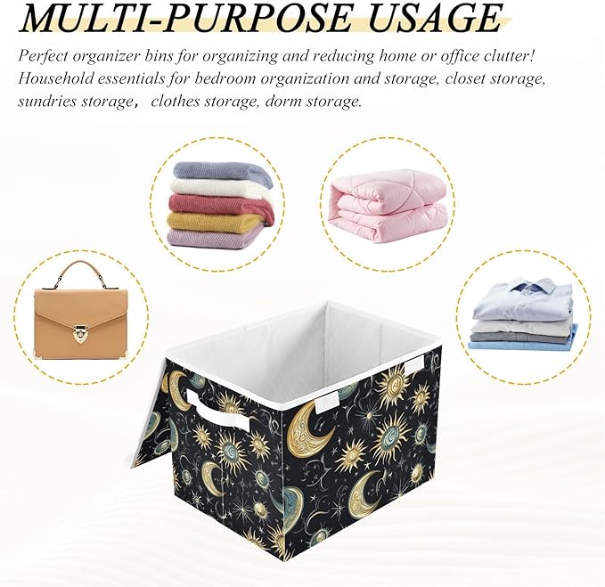 Storage Bins with Lids Storage Containers Box Organizer Bin Basket with Handles for Closet Shelves Clothes Stackable Foldable Decorative Star Moon Sun Constellation Black