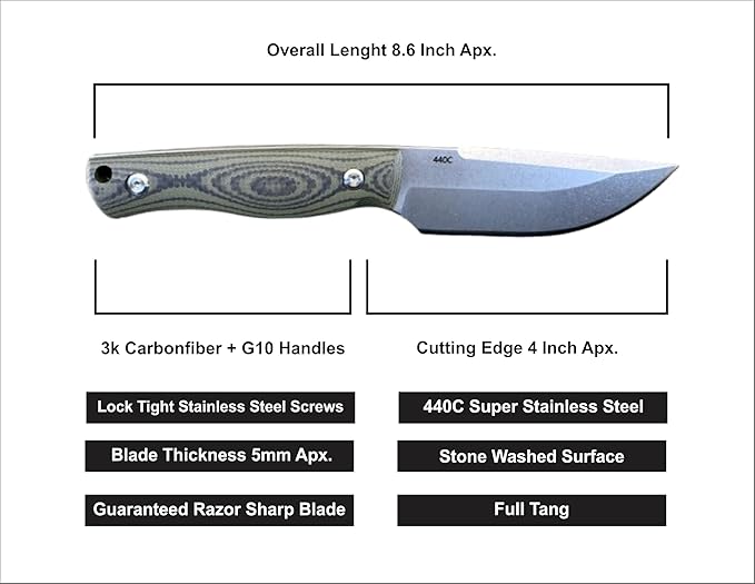 Fixed Blade Knife Carbonfiber &amp G10 Scales EDC With Kydex SheathIdeal for Skinning Survival Camping Hunting &amp Outdoor Tactical Pocket Knives For Outdoors (AT_006)