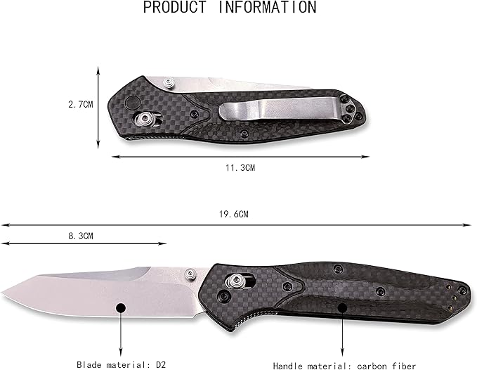 HUAAO 7.7in EDC Pocket Knife 3.6in Reverse Tanto Blade with Thumb Stud Plain Edge D2 Steel Black Carbon Fiber Handle with Belt Clip Mechanism for Outdoor Camping