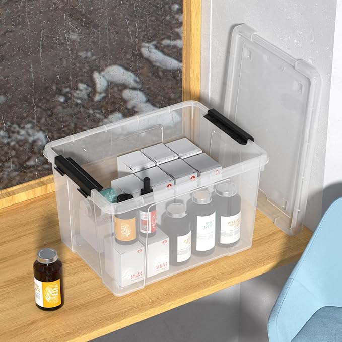 Morcte 23 L Plastic Clear Storage Bin with Lids and Latching Buckles 4-Pack Stackable Clear Storage Box with Wheels