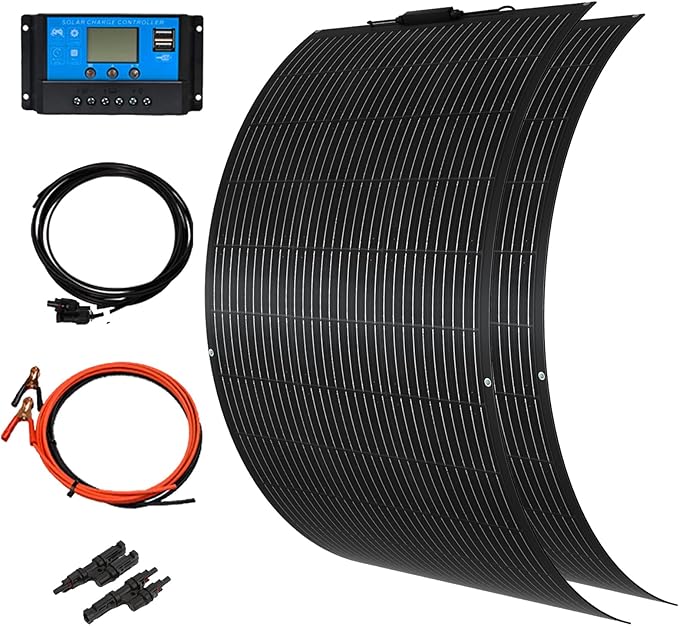 XINPUGUANG Flexible Solar Panel 100W200W 12V Solar Panel Kit Monocrystalline Module20A Charge Controller Extension CableAlligator Clip Cable for Outdoor Off Grid Boat rv Trailer (200W)