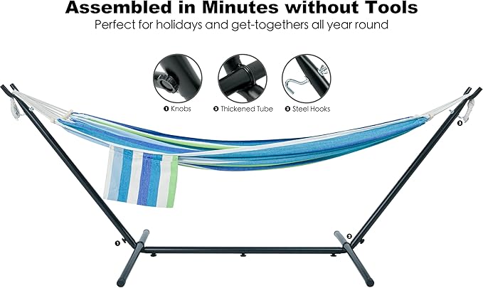 GAFETE Double Hammock with Stand for Outside Upgraded Spreader Bar Heavy Duty Space Saving Steel Stand 2 Person Convenient Pockets Easy Assembly 600lbs Weight Capacity Indoor &amp Outdoor (Lago