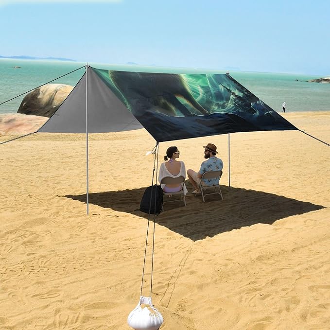 ALAZA Wolf Polar Lights Beach Tent Sun Shelter UPF50+ Protection Beach Shade Canopy w/ 4 Sandbags for Outdoor Camping Fishing Backyard Fun Picnic 10x9 ft