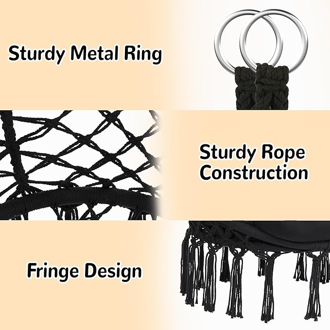 Macrame Hammock Hanging Swinging Chair with Oversized Cushion Perfect for Bedroom Porch Kids Adults Balcony Black