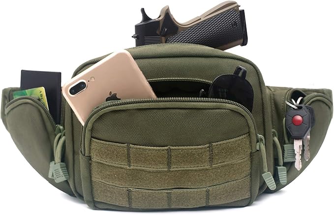 Concealed Pistol Bag Multipurpose Nylon Tactical Handgun Case Fanny Pack Waist Bag Bumbag Chest Pack with Molle Webbing Loop (Army Green)