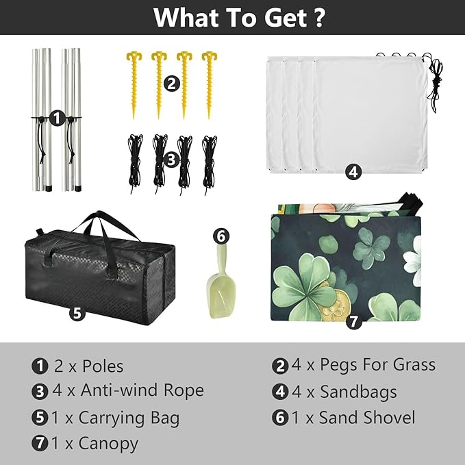 xigua St. Patrick's Day Beach Tent Sun Shelter with Carrying Bag - Silver Coated Oxford Fabric Beach Canopy for Beach Camping Fishing - Includes Windproof Ropes Sandbags &amp Stakes