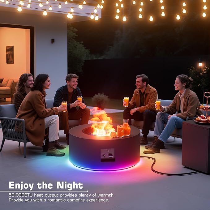 2-Piece 30 LED Round Propane Fire Pit for Outside Patio with Hidden Tank Table 50000 BTU Fireplaces with Lid Glass Rocks Cover(Dark Grey w/RGB Light)