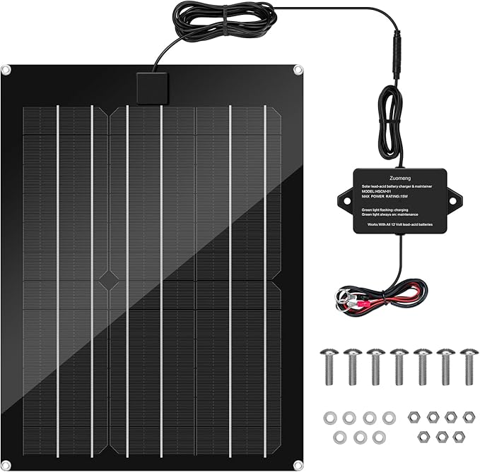 Solar Battery Charger Maintainer Zuomeng 15W Solar Panel Kit for Dump Trailer Built-in Maintenance Pulse &amp Intelligent MPPT Charge Controller Waterproof Suitable for 12V Lead-Acid Battery