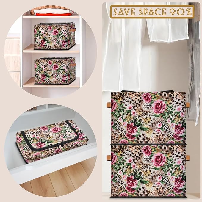 Clothes Storage Bins with Metal Frame Leopard Print Flower Storage Boxes with Zipper Lids Collapsible Cube Clothing Storage Bag with Leather Handle Closet Clothes Organizer Container