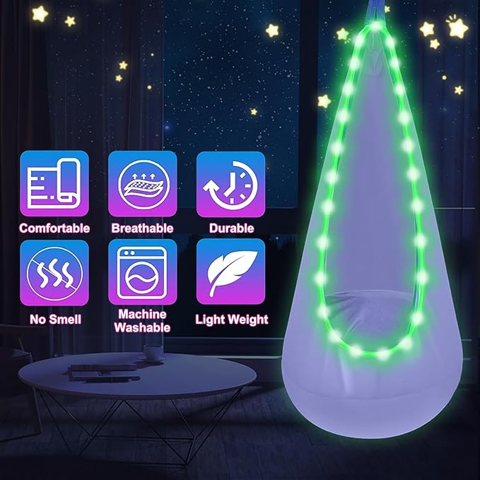 Light Up Swing Chair Hammock Chair Indoor Outdoor for Kids Pod with LED Lights Soft and Safe 176 lb. Load Capacity Easy Installation Perfect for Bedroom Garden and Playroom (Violet)