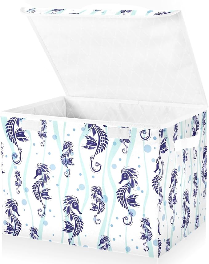 susiyo Large Foldable Storage Bin with Flip-Top Lid Blue Seahorse Storage Box Collapsible Closet Organizer Containers Boxes Decorative Baskets with Handles for Home Bedroom Living Room Office