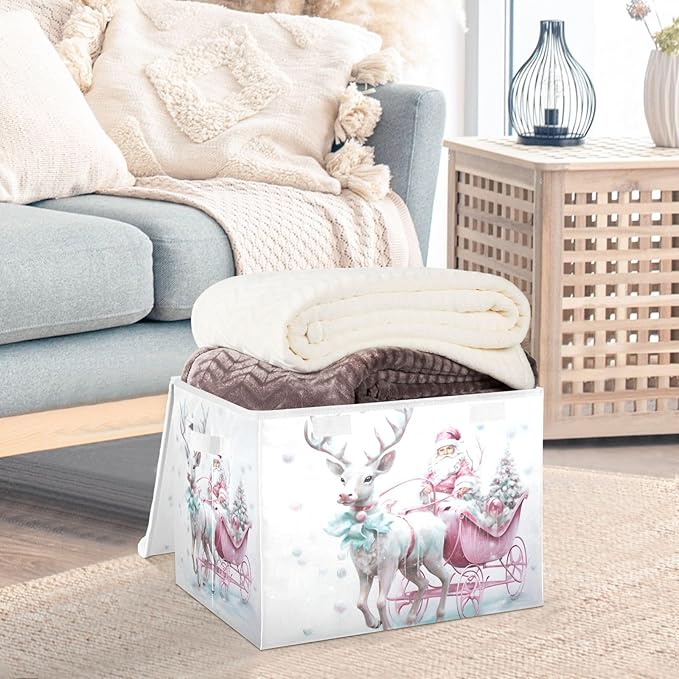 Christmas Baskets Collapsible Storage Bins with Lids Christmas Santa Claus Pink Reindeer Storage Boxes Clothes Baskets for Organizing