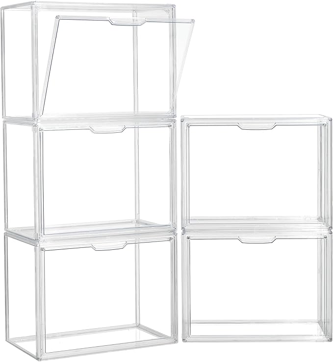 ZLLZUU Clear Storage Bins with Lids 5 Pack Acrylic Display Case with Magnetic Door for Cosmetic Collectibles Large Figures Models Stackable Acrylic Storage Box for Home Office Living Room Dorm